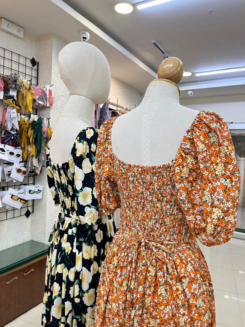 Cotton Puff Sleeves Floral Long Maxi Dress